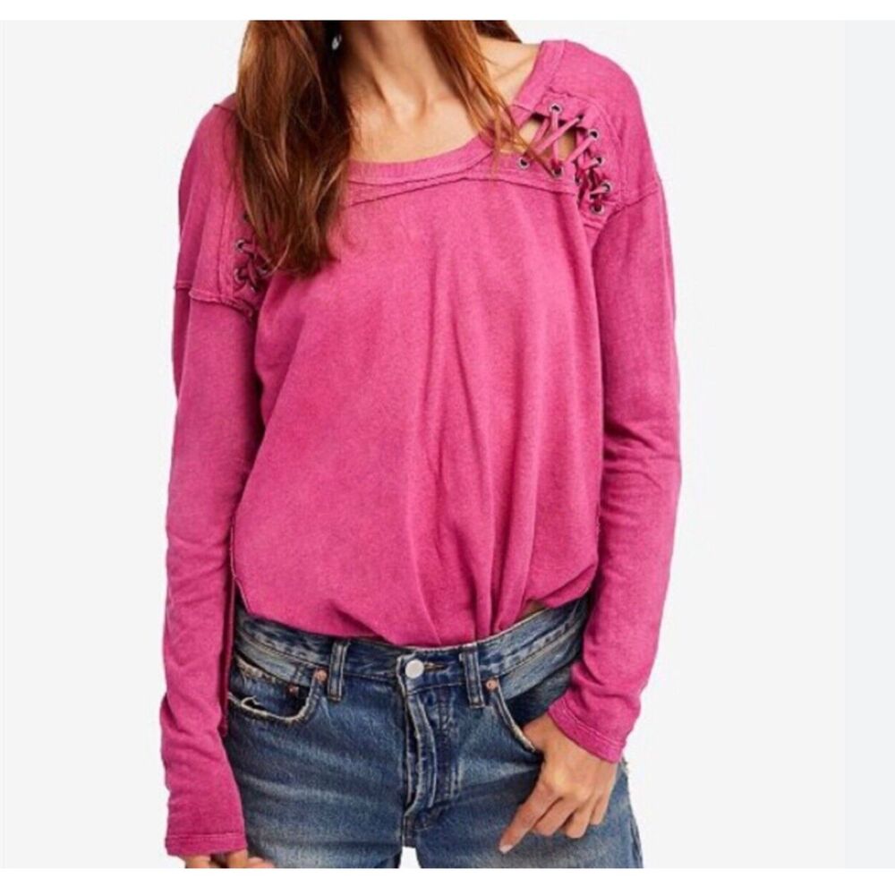 We The Free Free People First Love Lace up Linen Blend Distressed Top XS Pink